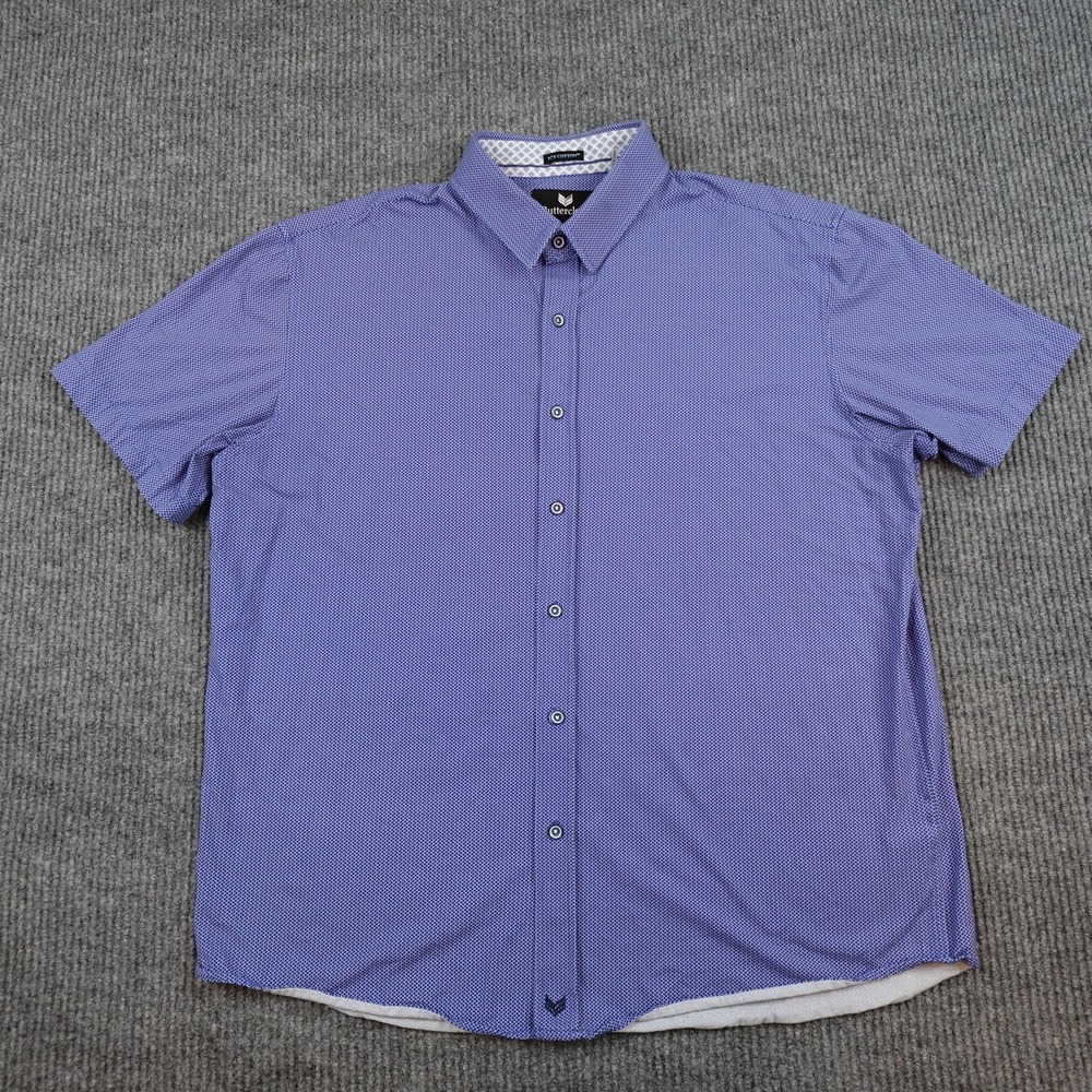 Buttercloth Shirt Mens 2XL Blue Geometric Short Sleeve Button Up Stretch